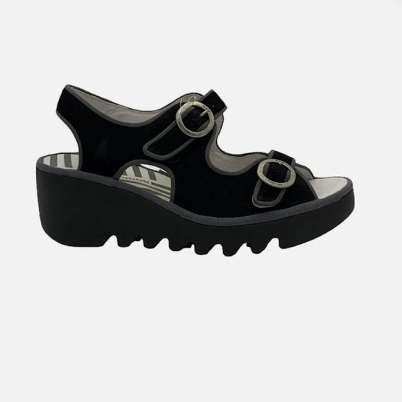Fly London Black suede Bara style Buckle Sandals sz 38 EUC - Picture 1 of 9